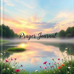 A beautifully designed prayer journal cover featuring a peaceful landscape with a sunrise illuminating the sky in soft pastel colors