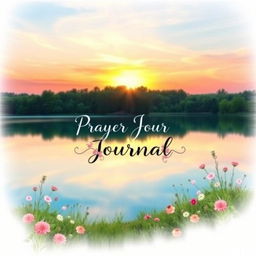 A beautifully designed prayer journal cover featuring a peaceful landscape with a sunrise illuminating the sky in soft pastel colors