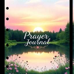 A beautifully designed prayer journal cover featuring a peaceful landscape with a sunrise illuminating the sky in soft pastel colors
