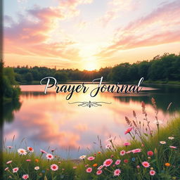 A beautifully designed prayer journal cover featuring a peaceful landscape with a sunrise illuminating the sky in soft pastel colors