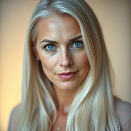 A portrait of a 35-year-old woman of European descent, featuring long, silky white hair cascading down her shoulders and striking blue eyes that draw in the viewer