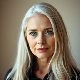 A portrait of a 35-year-old woman of European descent, featuring long, silky white hair cascading down her shoulders and striking blue eyes that draw in the viewer