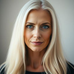 A portrait of a 35-year-old woman of European descent, featuring long, silky white hair cascading down her shoulders and striking blue eyes that draw in the viewer