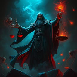 A powerful and authoritative figure who is the judge of the underworld, dressed in dark, flowing robes adorned with ancient symbols, standing in a shadowy, ethereal realm filled with swirling mist and faintly glowing spirits