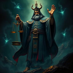 A powerful and authoritative figure who is the judge of the underworld, dressed in dark, flowing robes adorned with ancient symbols, standing in a shadowy, ethereal realm filled with swirling mist and faintly glowing spirits