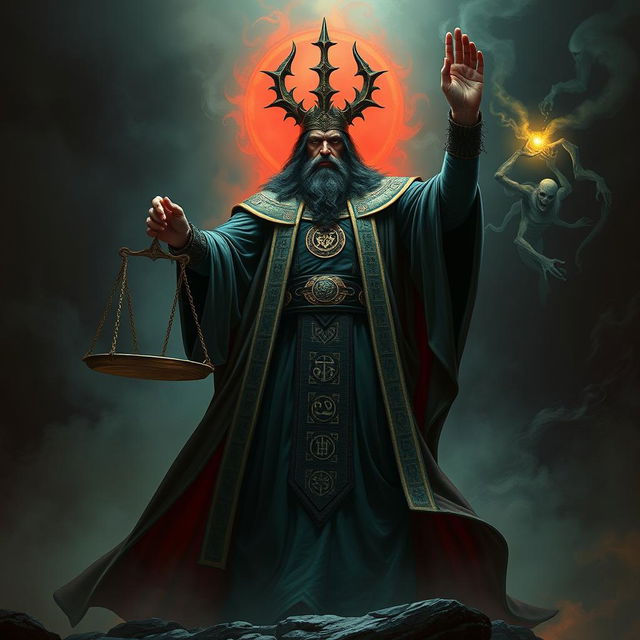 A powerful and authoritative figure who is the judge of the underworld, dressed in dark, flowing robes adorned with ancient symbols, standing in a shadowy, ethereal realm filled with swirling mist and faintly glowing spirits