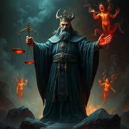 A powerful and authoritative figure who is the judge of the underworld, dressed in dark, flowing robes adorned with ancient symbols, standing in a shadowy, ethereal realm filled with swirling mist and faintly glowing spirits