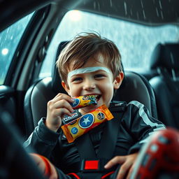 A dynamic Marvel-style cinematic scene featuring a child in a car seat, joyfully munching on a snack bar while wearing wet soccer gear