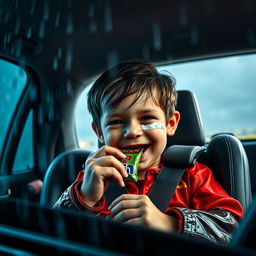 A dynamic Marvel-style cinematic scene featuring a child in a car seat, joyfully munching on a snack bar while wearing wet soccer gear