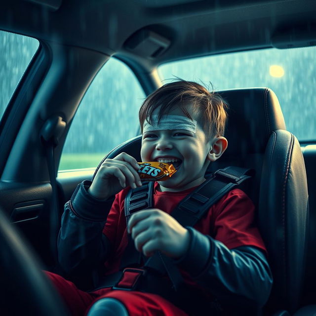 A dynamic Marvel-style cinematic scene featuring a child in a car seat, joyfully munching on a snack bar while wearing wet soccer gear