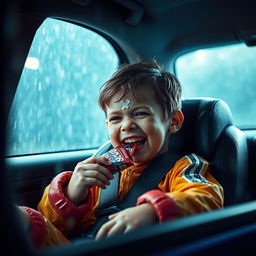 A dynamic Marvel-style cinematic scene featuring a child in a car seat, joyfully munching on a snack bar while wearing wet soccer gear