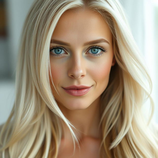 A 35-year-old woman of European descent with long, flowing white hair and stunning blue eyes