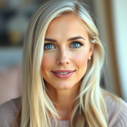 A 35-year-old woman of European descent with long, flowing white hair and stunning blue eyes