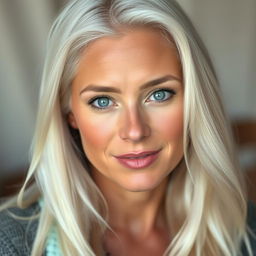 A 35-year-old woman of European descent with long, flowing white hair and stunning blue eyes