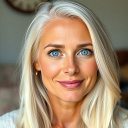 A 35-year-old woman of European descent with long, flowing white hair and stunning blue eyes