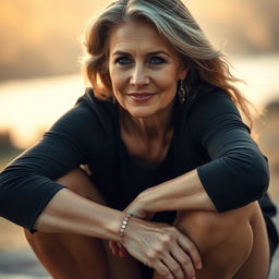 A mature woman with gracefully toned legs and a delicate anklet is squatting, with her face included in the frame