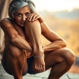 A mature woman with gracefully toned legs and a delicate anklet is squatting, with her face included in the frame
