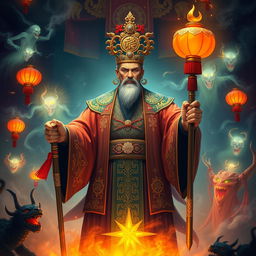 A powerful and authoritative figure serving as the judge of the Great Viet underworld, depicted in traditional Vietnamese attire with ornate decorations and intricate patterns