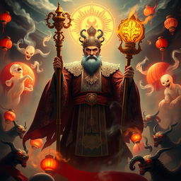 A powerful and authoritative figure serving as the judge of the Great Viet underworld, depicted in traditional Vietnamese attire with ornate decorations and intricate patterns