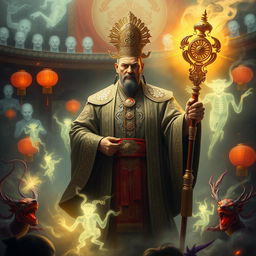 A powerful and authoritative figure serving as the judge of the Great Viet underworld, depicted in traditional Vietnamese attire with ornate decorations and intricate patterns
