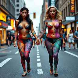 On a busy city street, two beautiful girls with wide hips and thick shapely legs are walking towards the viewer