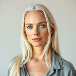 A full-height portrait of a 35-year-old woman with a simple and natural European appearance