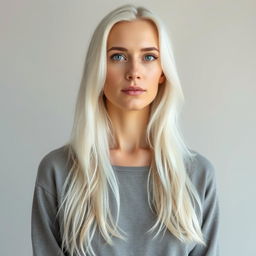 A full-height portrait of a 35-year-old woman with a simple and natural European appearance