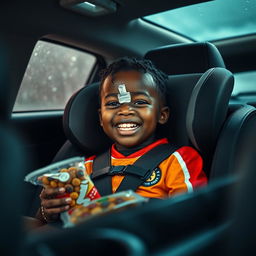 A modern commercial-style shot featuring a Black child in a car seat, happily enjoying a snack bar while wearing wet soccer gear