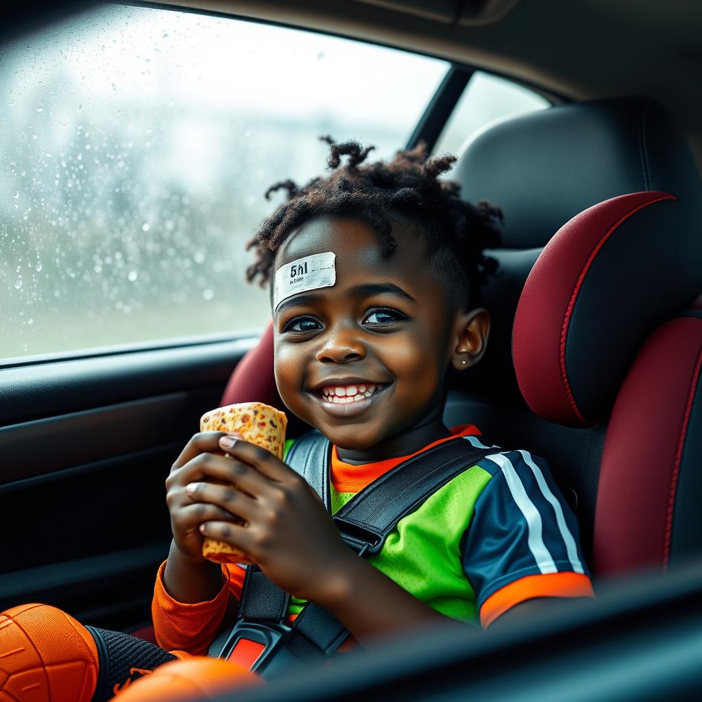 A modern commercial-style shot featuring a Black child in a car seat, happily enjoying a snack bar while wearing wet soccer gear