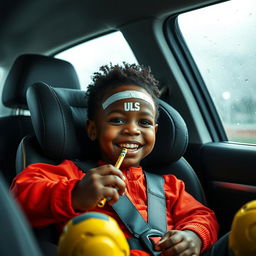 A modern commercial-style shot featuring a Black child in a car seat, happily enjoying a snack bar while wearing wet soccer gear