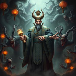 A powerful and authoritative judge of the Great Viet underworld, depicted in traditional Vietnamese attire with elaborate patterns and intricate designs, standing in a mystical underworld filled with dark mists and swirling shadows