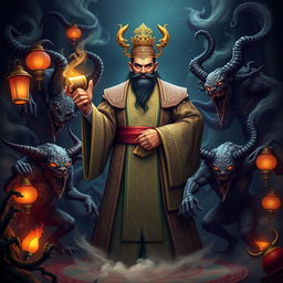 A powerful and authoritative judge of the Great Viet underworld, depicted in traditional Vietnamese attire with elaborate patterns and intricate designs, standing in a mystical underworld filled with dark mists and swirling shadows
