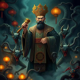 A powerful and authoritative judge of the Great Viet underworld, depicted in traditional Vietnamese attire with elaborate patterns and intricate designs, standing in a mystical underworld filled with dark mists and swirling shadows