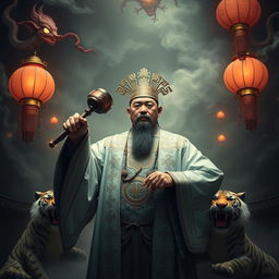 A commanding figure representing the judge of the Chinese underworld, depicted in traditional Chinese judicial attire that features intricate embroidery and symbols of authority