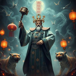 A commanding figure representing the judge of the Chinese underworld, depicted in traditional Chinese judicial attire that features intricate embroidery and symbols of authority