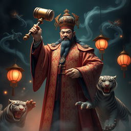 A commanding figure representing the judge of the Chinese underworld, depicted in traditional Chinese judicial attire that features intricate embroidery and symbols of authority