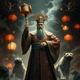 A commanding figure representing the judge of the Chinese underworld, depicted in traditional Chinese judicial attire that features intricate embroidery and symbols of authority
