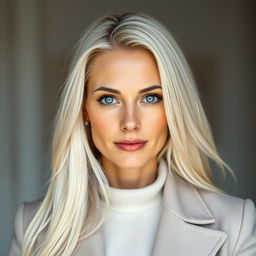 A beautiful 35-year-old European woman with long white hair and striking blue eyes