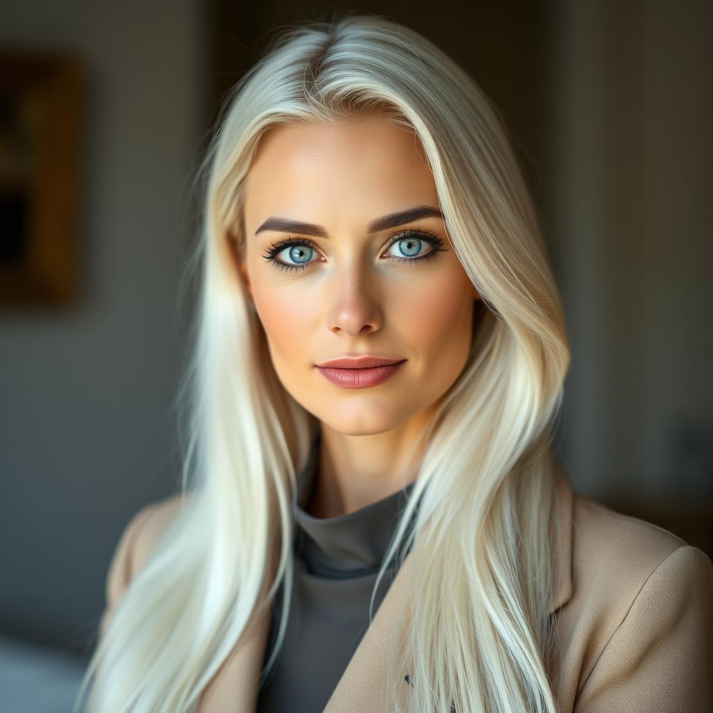 A beautiful 35-year-old European woman with long white hair and striking blue eyes