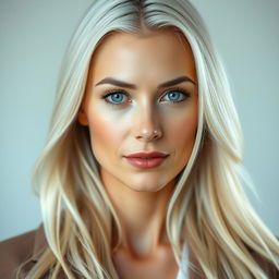 A beautiful 35-year-old European woman with long white hair and striking blue eyes