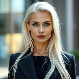 A beautiful 35-year-old European woman with long white hair and striking blue eyes