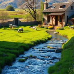 A picturesque Iranian village scene, showcasing a tranquil river flowing through a vibrant green meadow