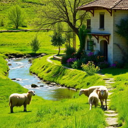A picturesque Iranian village scene, showcasing a tranquil river flowing through a vibrant green meadow