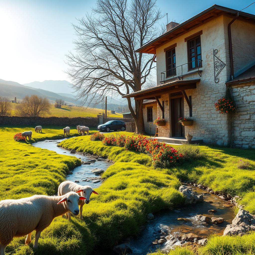 A picturesque Iranian village scene, showcasing a tranquil river flowing through a vibrant green meadow