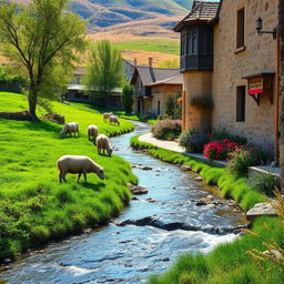 A picturesque Iranian village scene, showcasing a tranquil river flowing through a vibrant green meadow