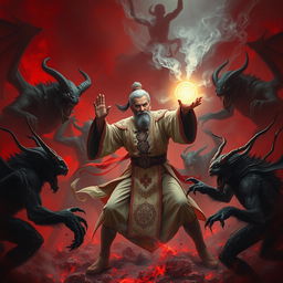 A dynamic scene featuring a skilled Dai Viet feng shui master engaged in an intense battle with sinister demons in a hellish landscape