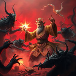 A dynamic scene featuring a skilled Dai Viet feng shui master engaged in an intense battle with sinister demons in a hellish landscape