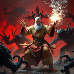 A dynamic scene featuring a skilled Dai Viet feng shui master engaged in an intense battle with sinister demons in a hellish landscape