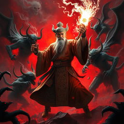 A dynamic scene featuring a skilled Dai Viet feng shui master engaged in an intense battle with sinister demons in a hellish landscape