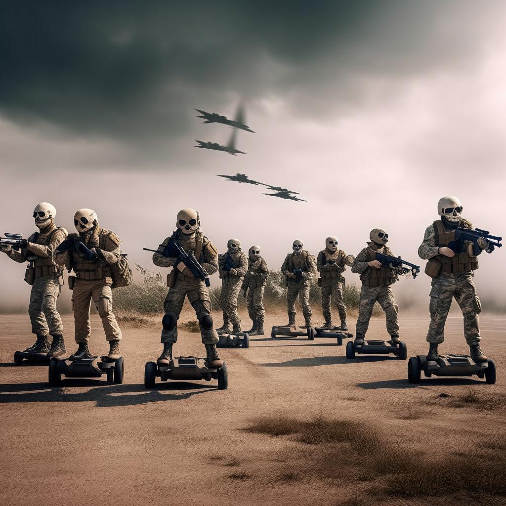 10 combatants, in military camouflage  armed with assault rifles and clad in skeleton face mask and normal bullet proof vests on hover-boards in the sky